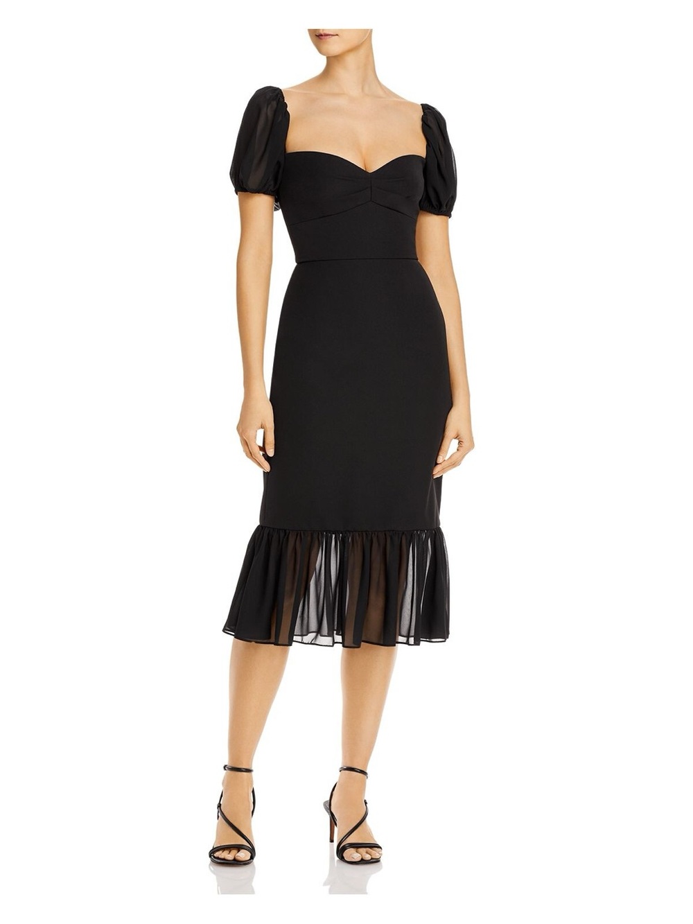 Aidan by Aidan Mattox Black Puff-Sleeve Midi Dress with Ruffled Hem